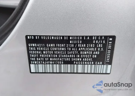 2015 Volkswagen Jetta 2.0L S from USA, damaged, VIN 3VW2K7AJ4FM417059